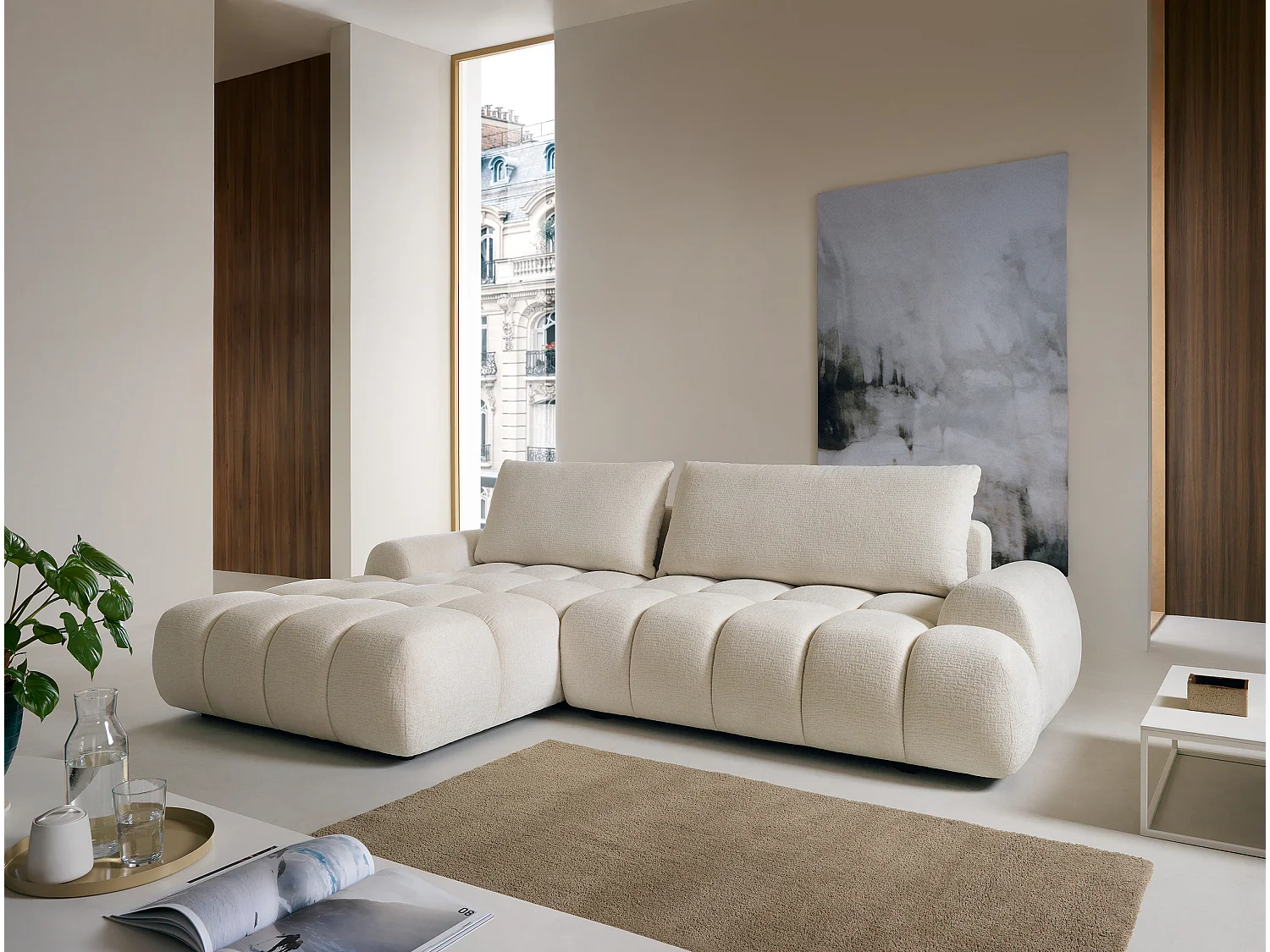 Divano angolare sinistro convertibile in ciniglia beige FARNETA