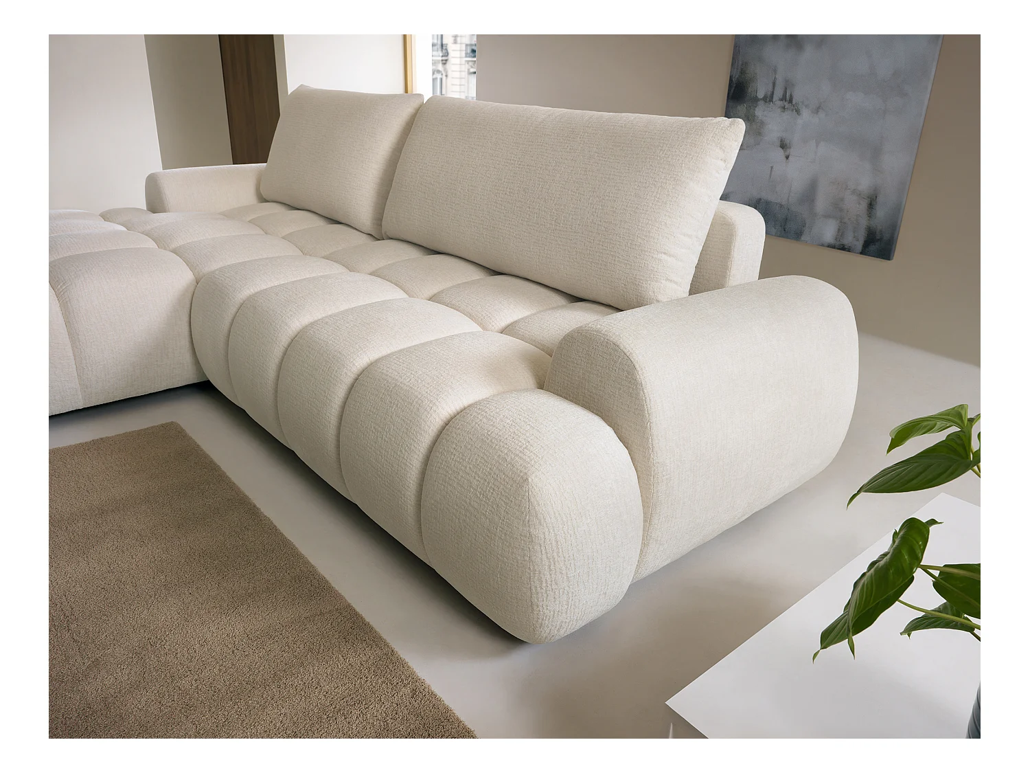 Venstre hjørnesofa i beige chenille-stoff FARNETA, kan gjøres om til seng