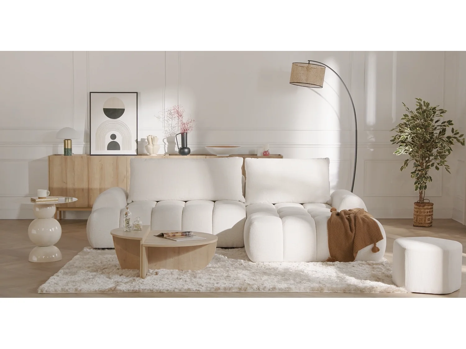 Vänstervänd bäddsoffa i beige chenilletyg FARNETA