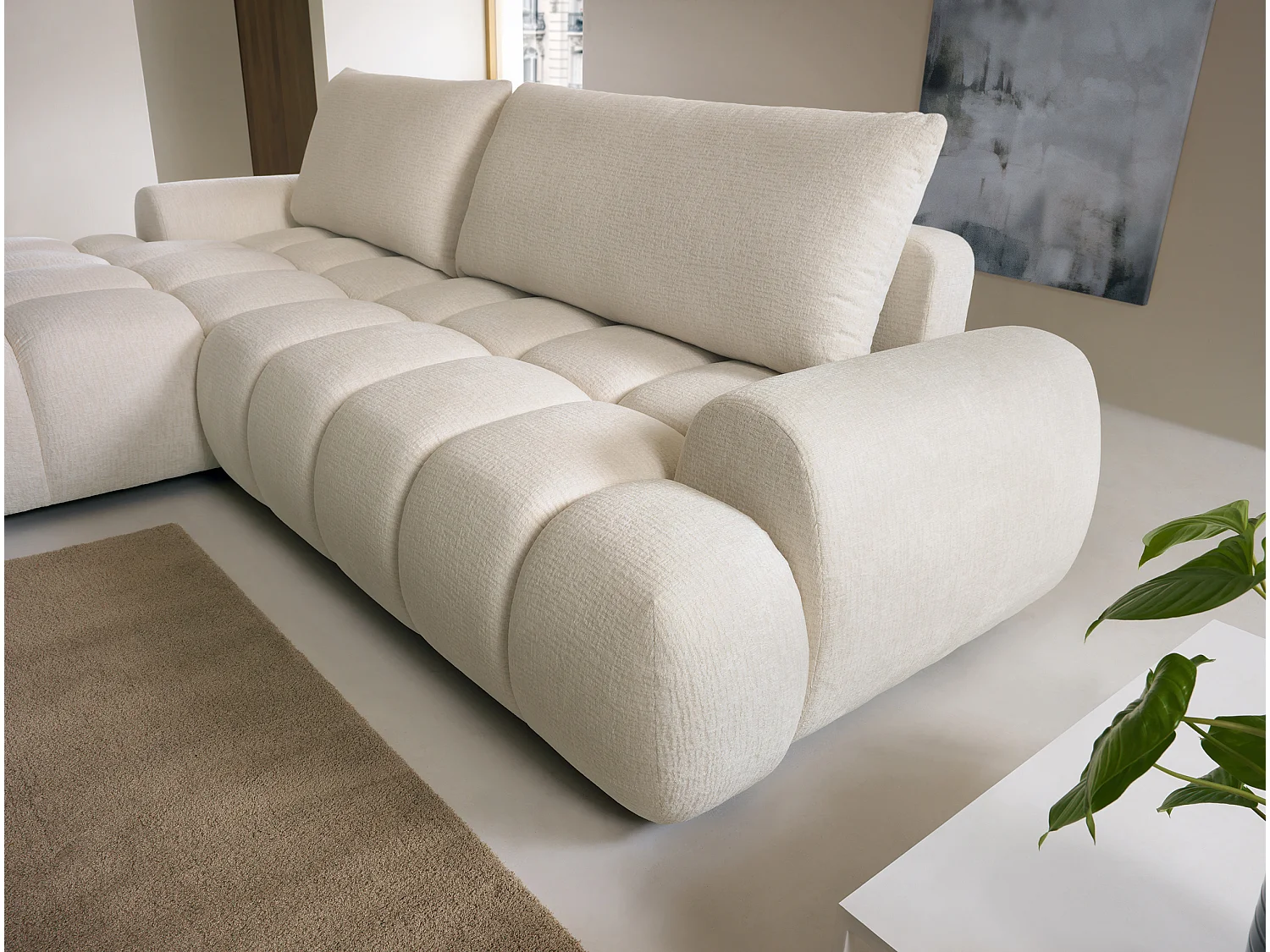 Vänstervänd bäddsoffa i beige chenilletyg FARNETA