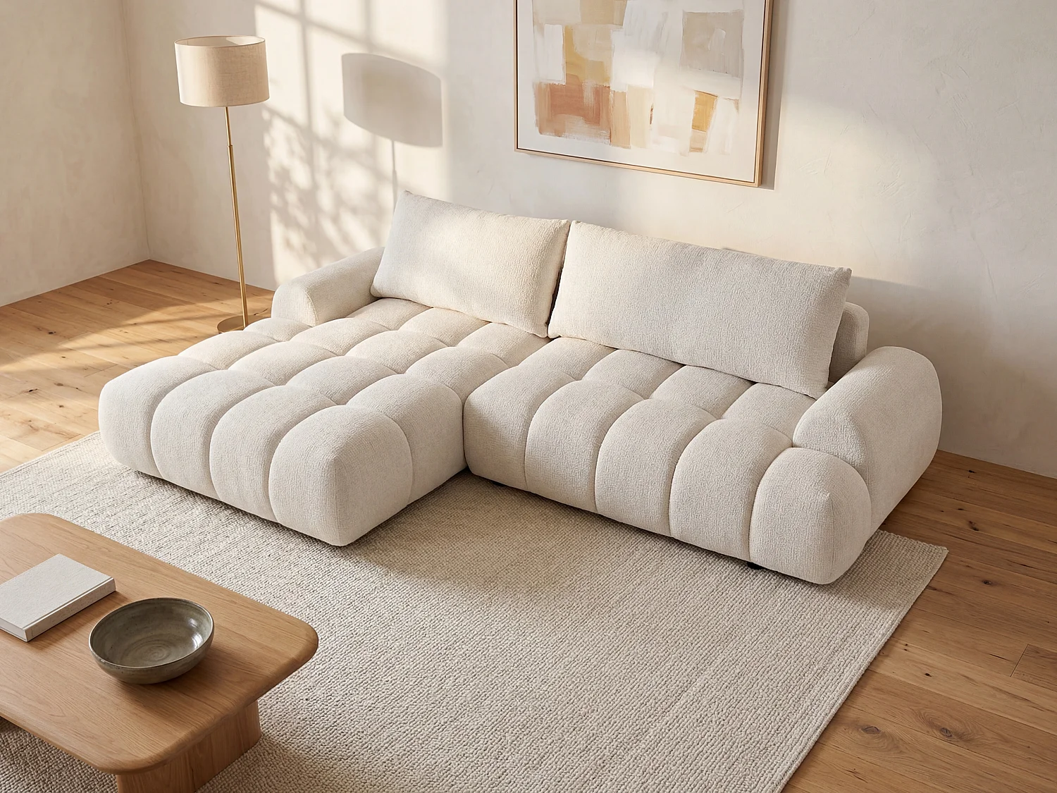 Canapé d'angle gauche convertible en tissu chenille beige FARNETA