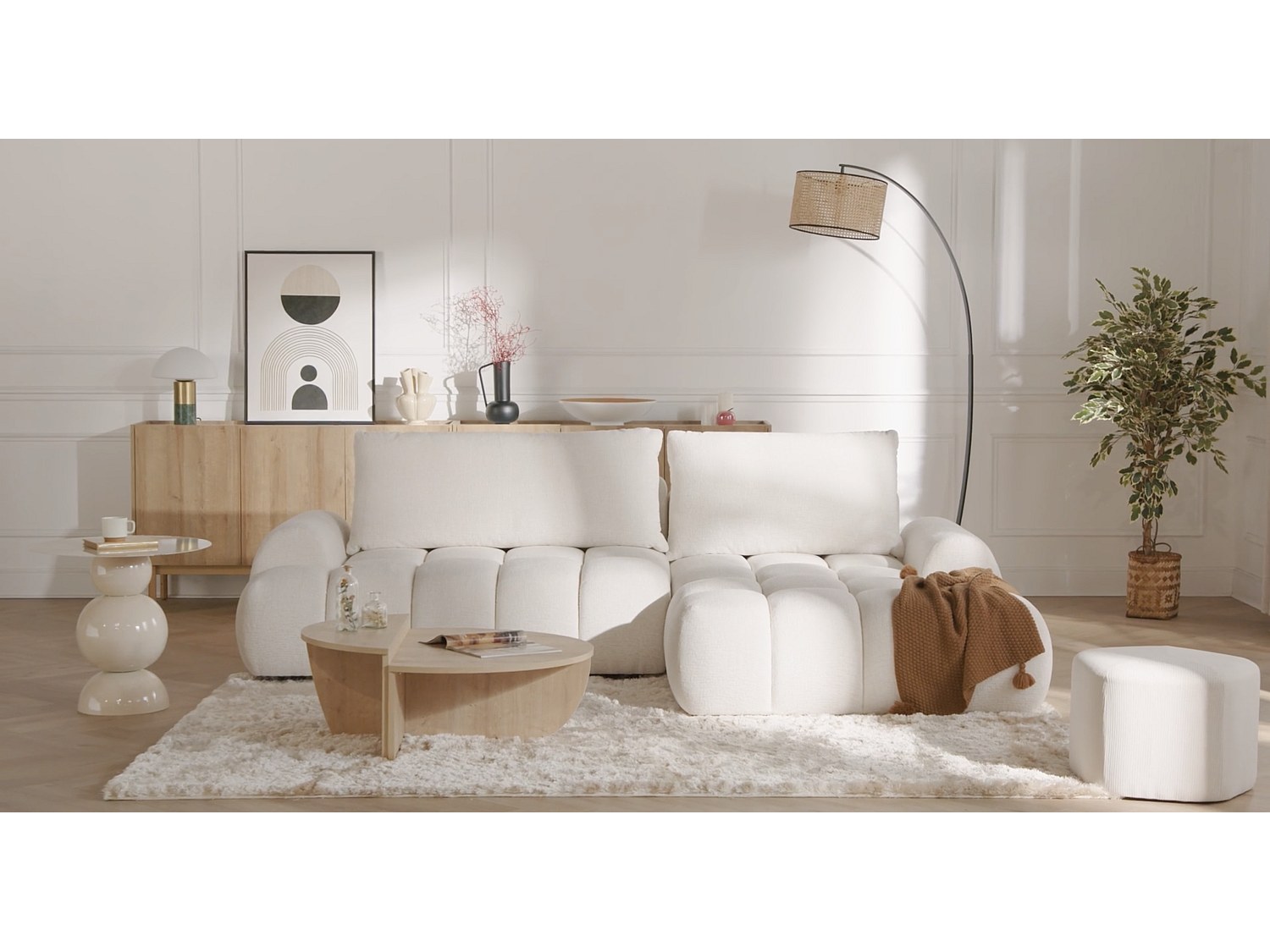 Hörnbäddsoffa vänstervänd i beige chenilletyg FARNETA