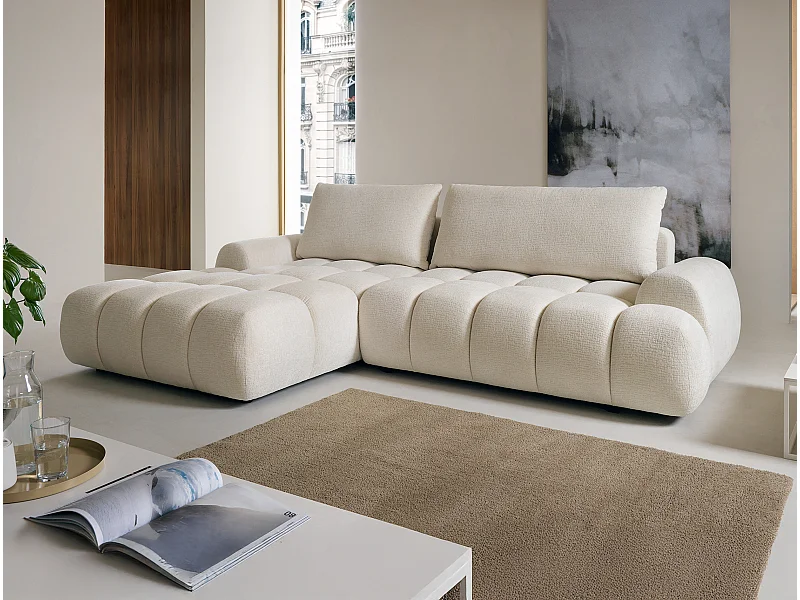 Canapé d'angle gauche convertible en tissu chenille beige FARNETA