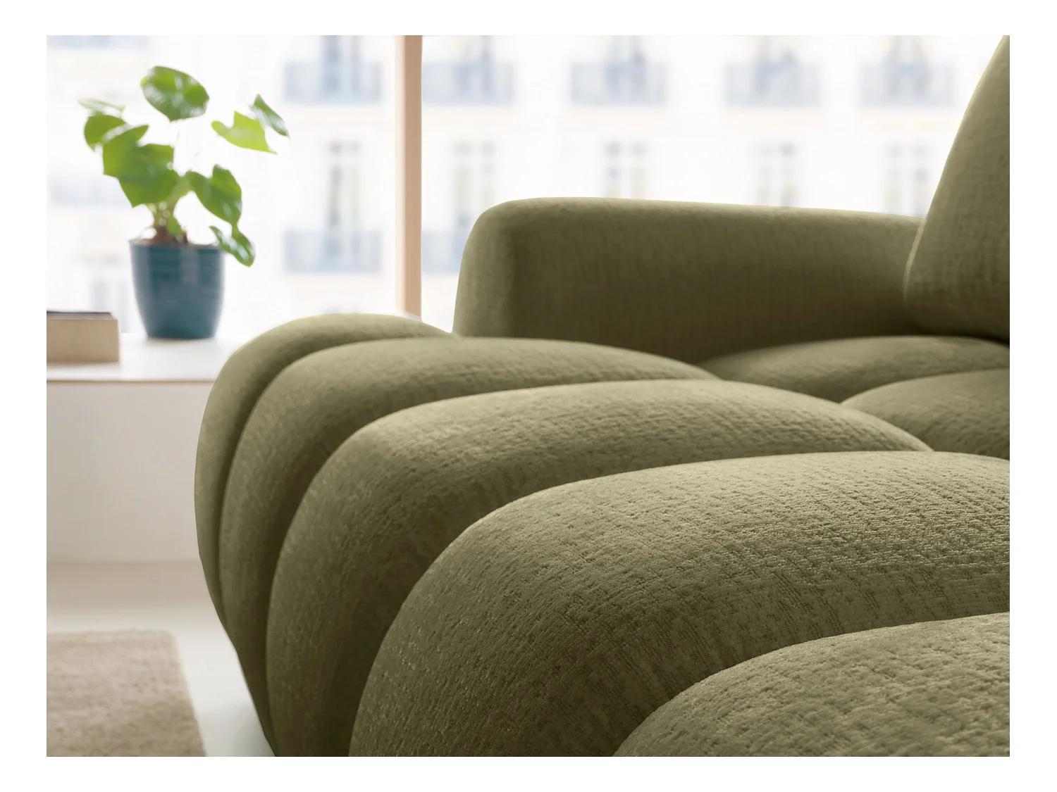 Canapé d'angle droit convertible en tissu chenille vert FARNETA