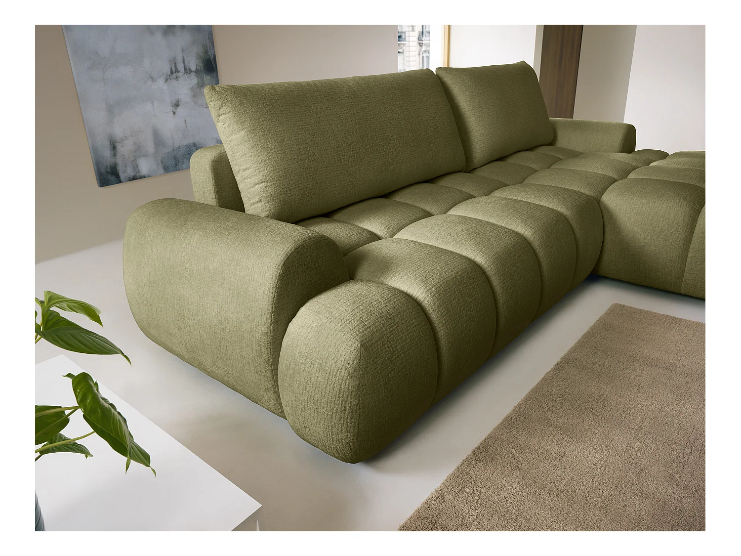 Canapé d'angle droit convertible en tissu chenille vert FARNETA