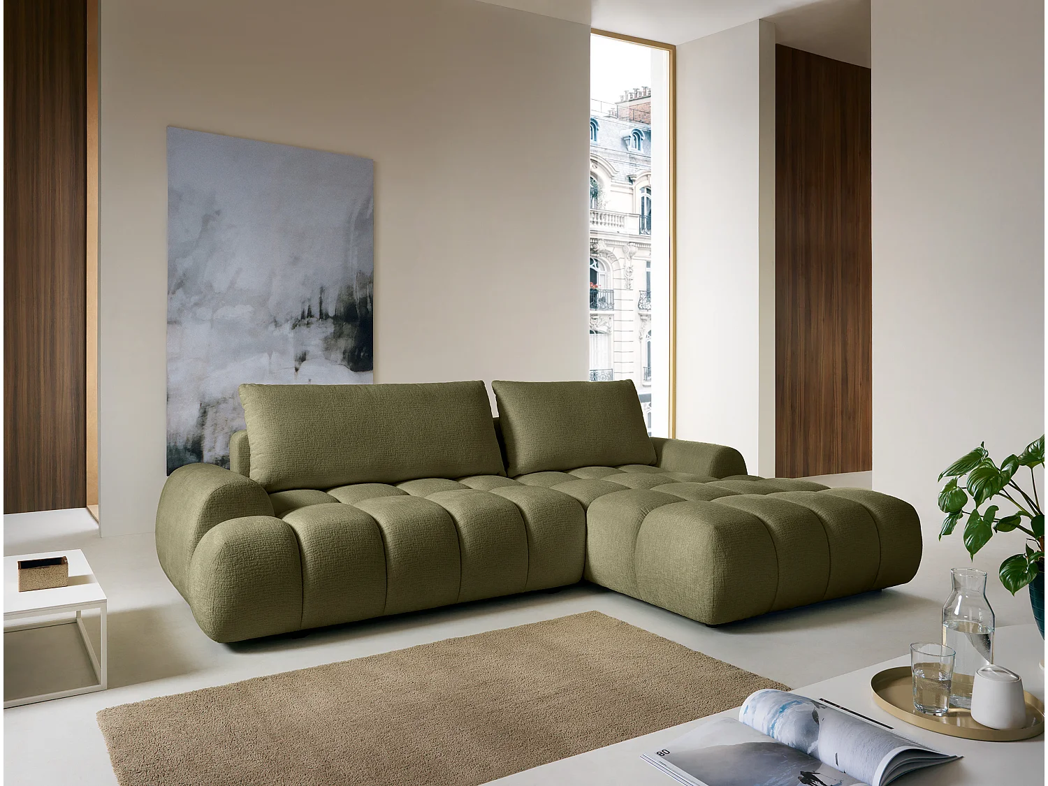 Canapé d'angle droit convertible en tissu chenille vert FARNETA