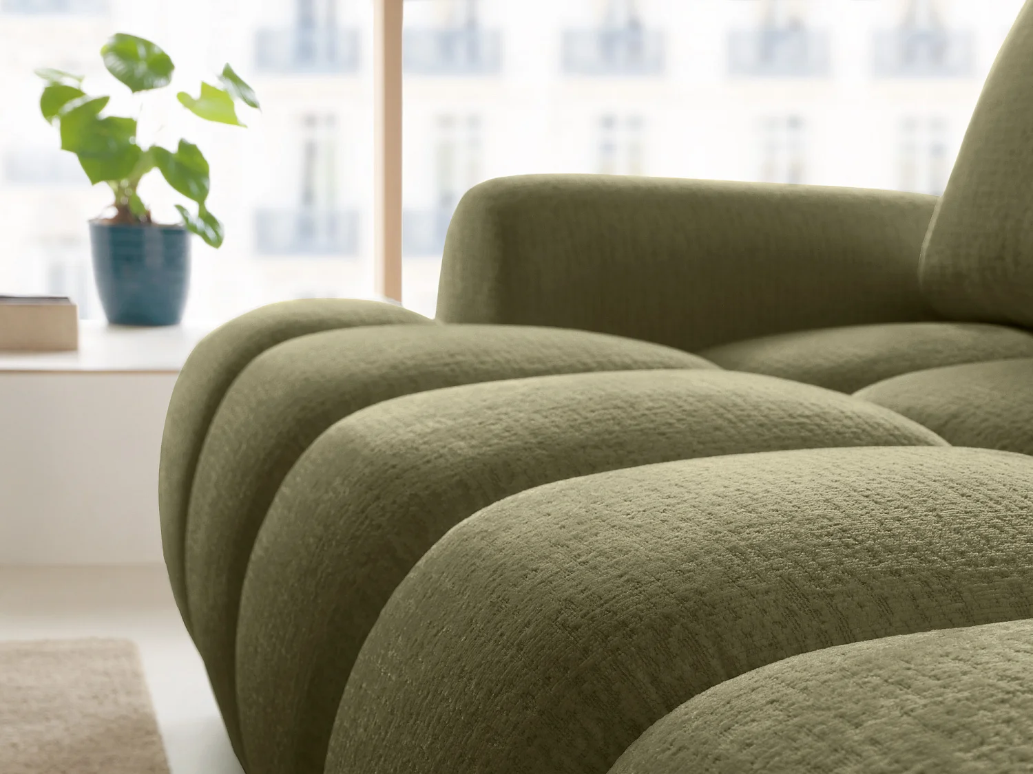 Højre hjørnesofa, der kan konverteres, i grønt chenille-stof FARNETA