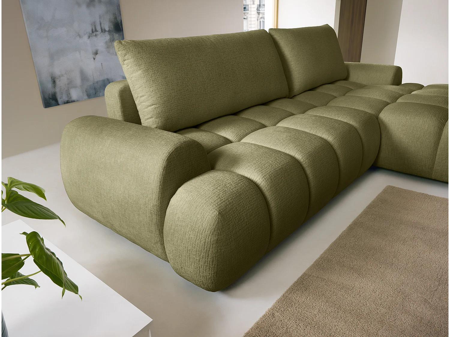 Højre hjørnesofa, der kan konverteres, i grønt chenille-stof FARNETA