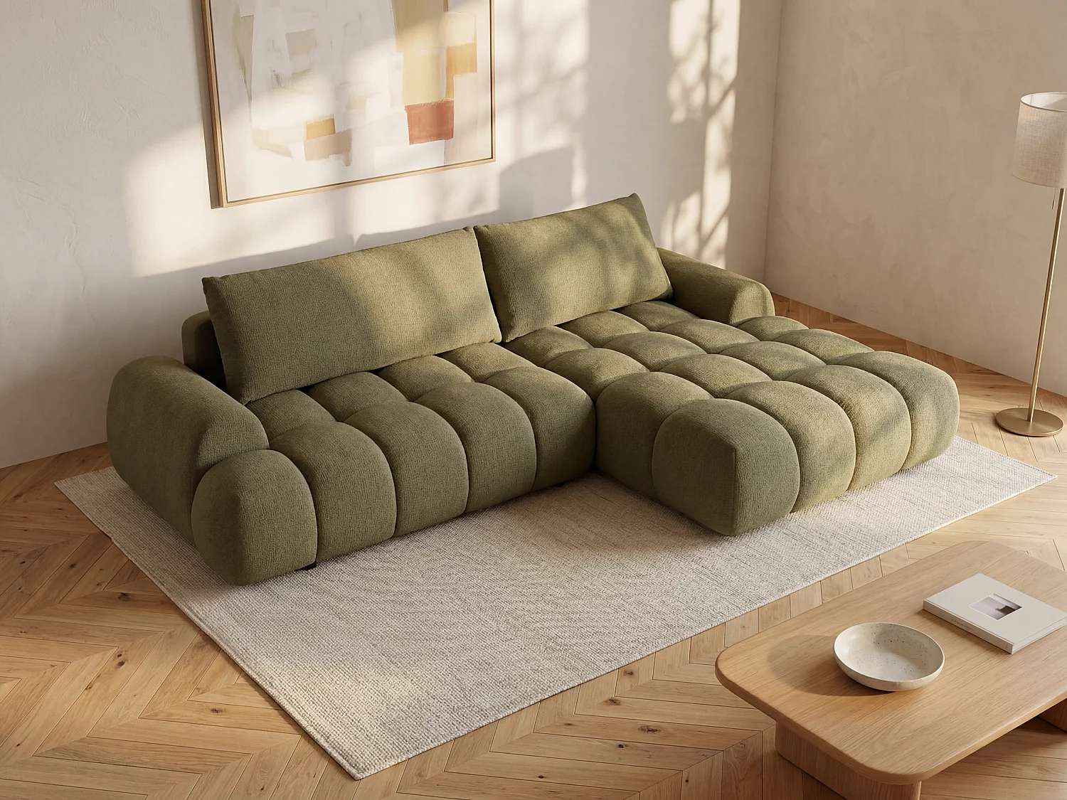 Right-hand corner sofa bed in green chenille fabric FARNETA