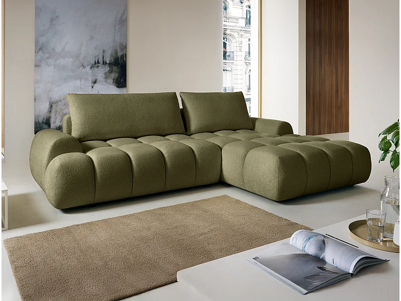 Canapé d'angle droit convertible en tissu chenille vert FARNETA