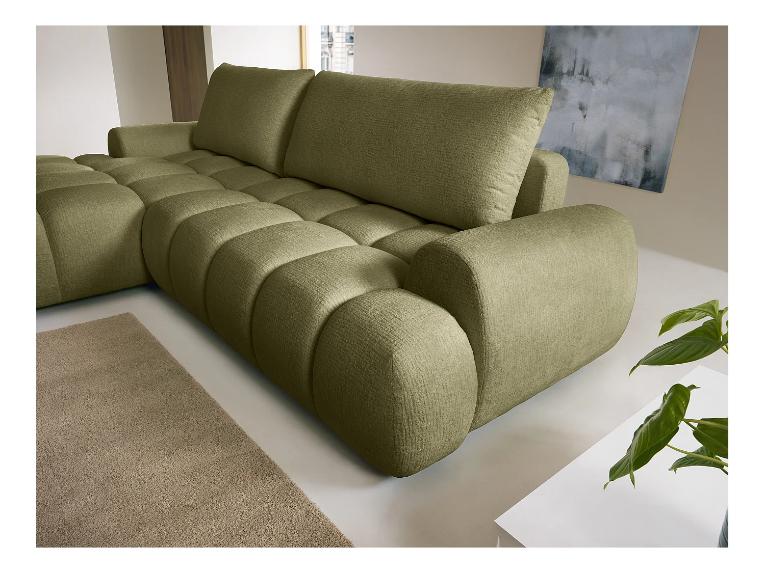 Vänstervänd bäddsoffa i grön chenille-tyg FARNETA