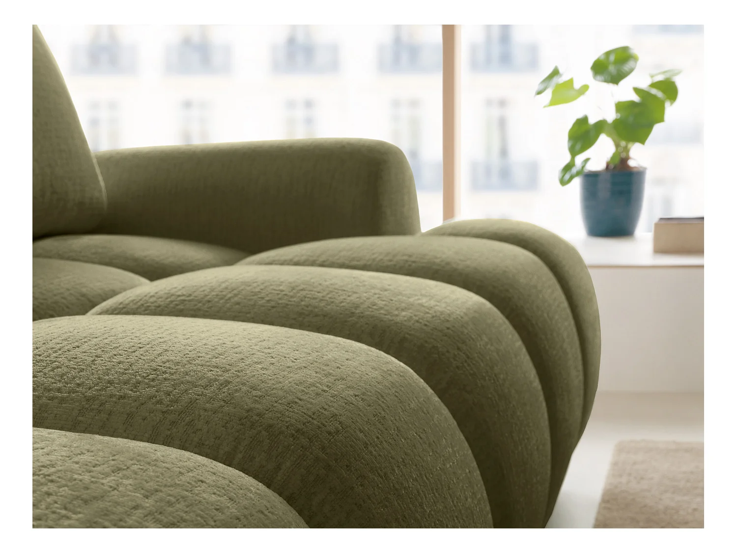 Vänstervänd bäddsoffa i grön chenille-tyg FARNETA