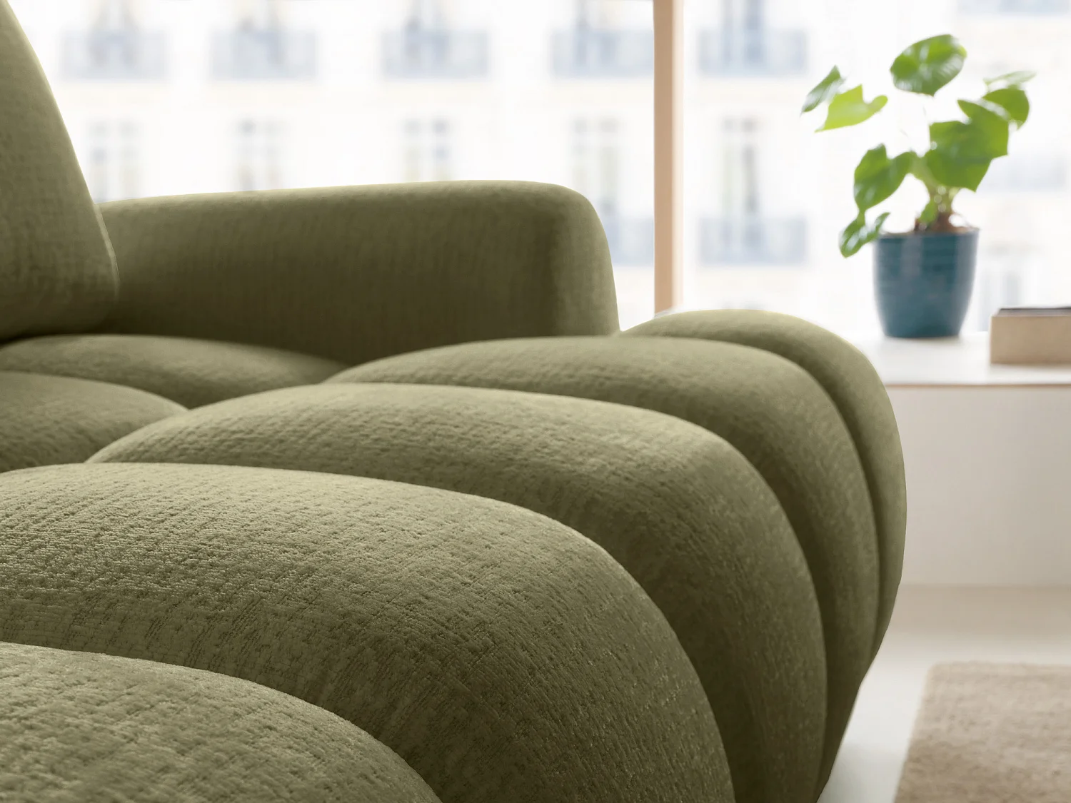 Venstre hjørnesofa, der kan konverteres til seng, i grønt chenille stof FARNETA