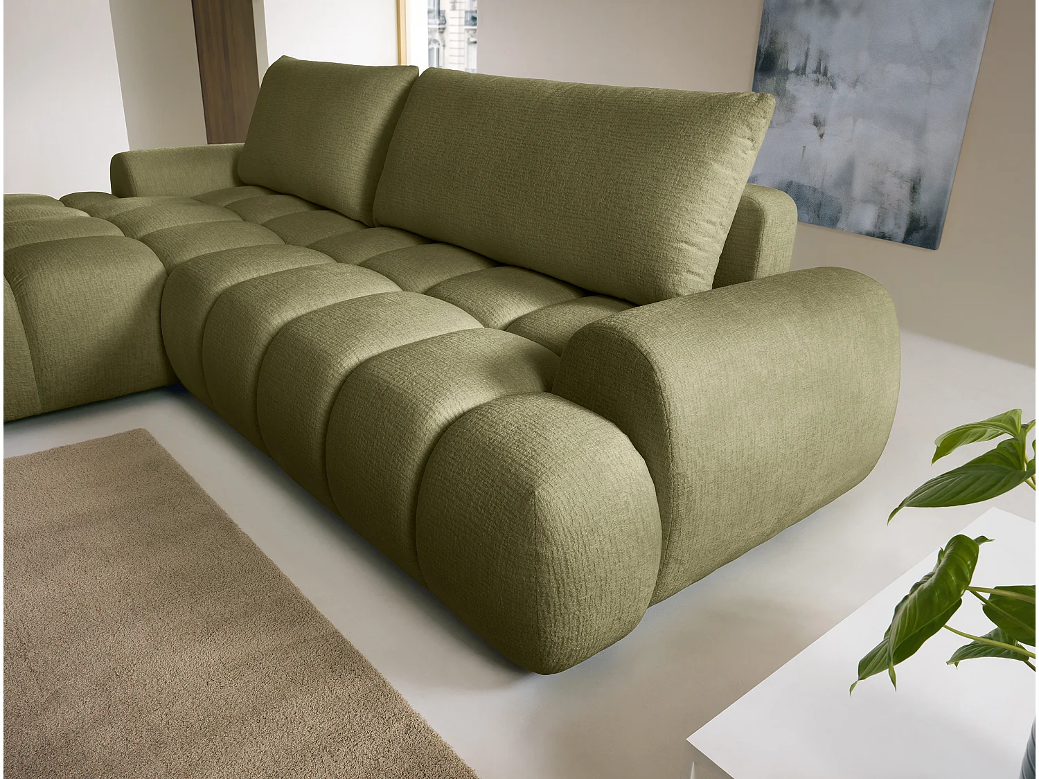 Venstre hjørnesofa, der kan konverteres til seng, i grønt chenille stof FARNETA