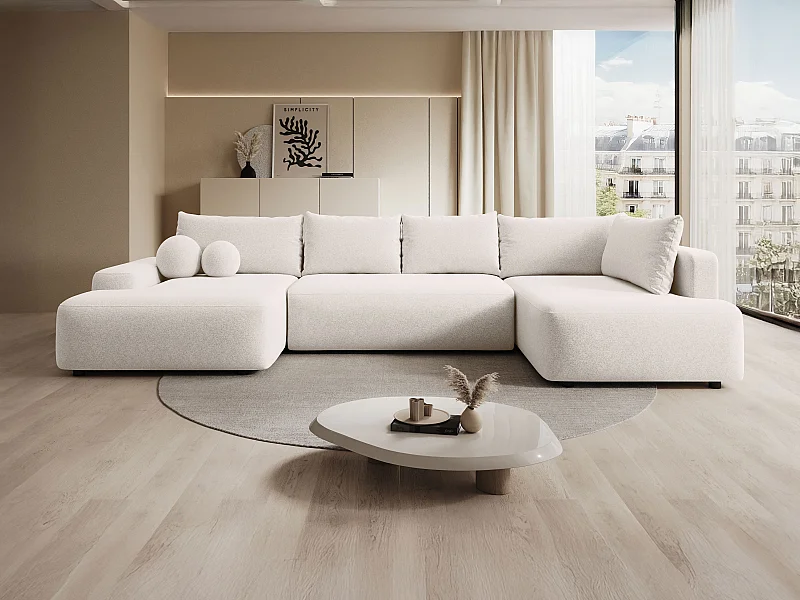 Grand canapé d'angle droit panoramique convertible en tissu chiné crème DAVISO