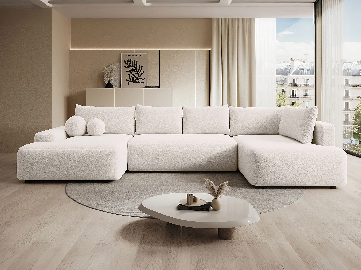 Grand canapé d'angle droit panoramique convertible en tissu texturé crème DAVISO