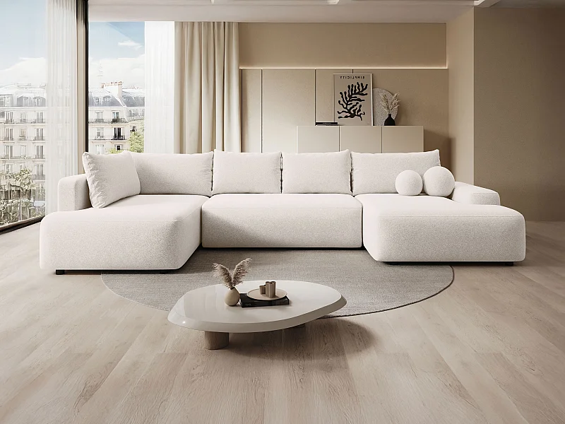 Grand canapé d'angle gauche panoramique convertible en tissu chiné crème DAVISO