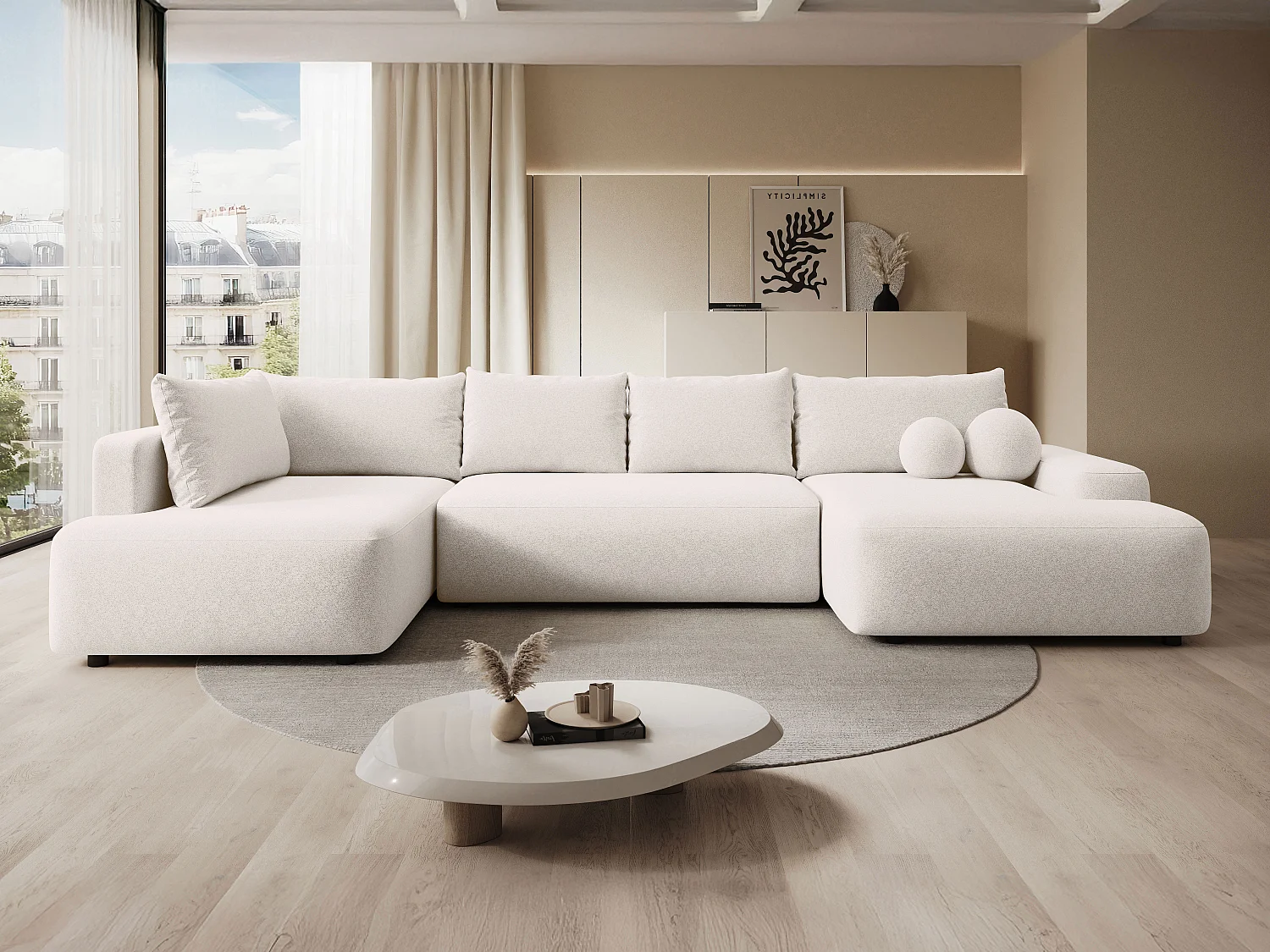 Großes Panorama-Ecksofa mit Schlaffunktion - Ecke links - Strukturstoff - Creme - DAVISO