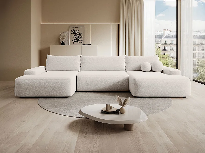 Grand canapé d'angle panoramique convertible en tissu chiné crème DAVISO