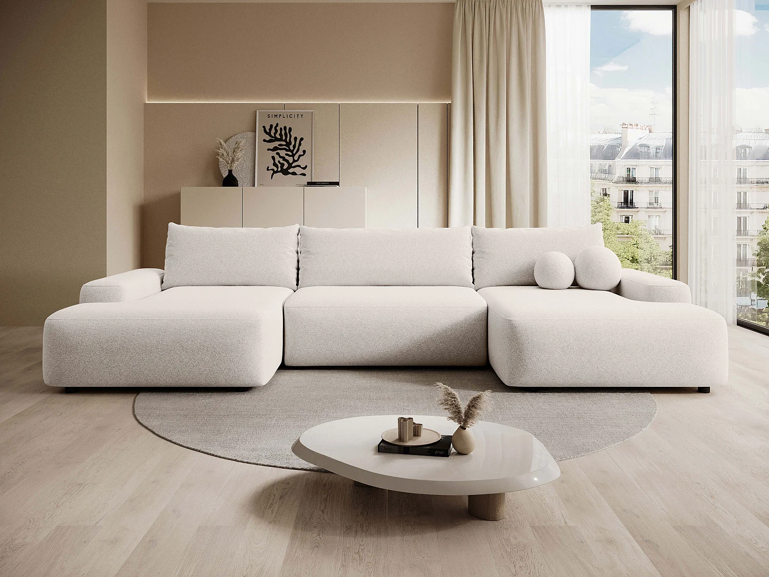 Grand canapé d'angle panoramique convertible en tissu texturé crème DAVISO