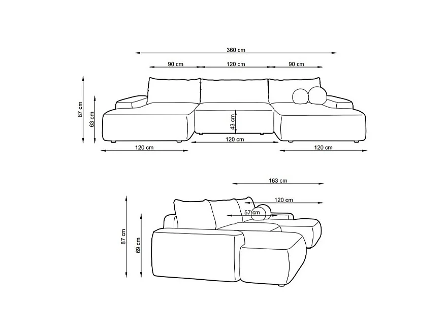 Gran sofá rinconera panorámico convertible en tela texturizada crema DAVISO
