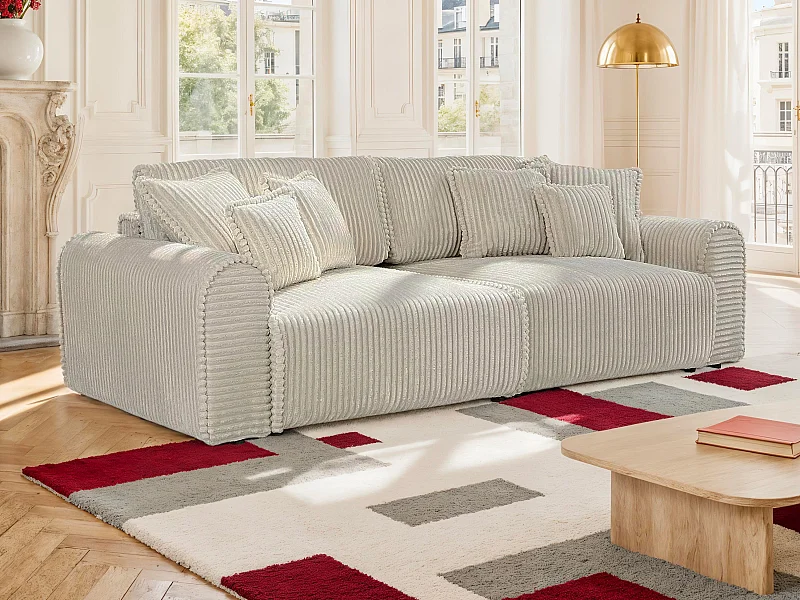 Canapé 4 places convertible confort assise profonde en velours côtelé grosses côtes beige TELARO