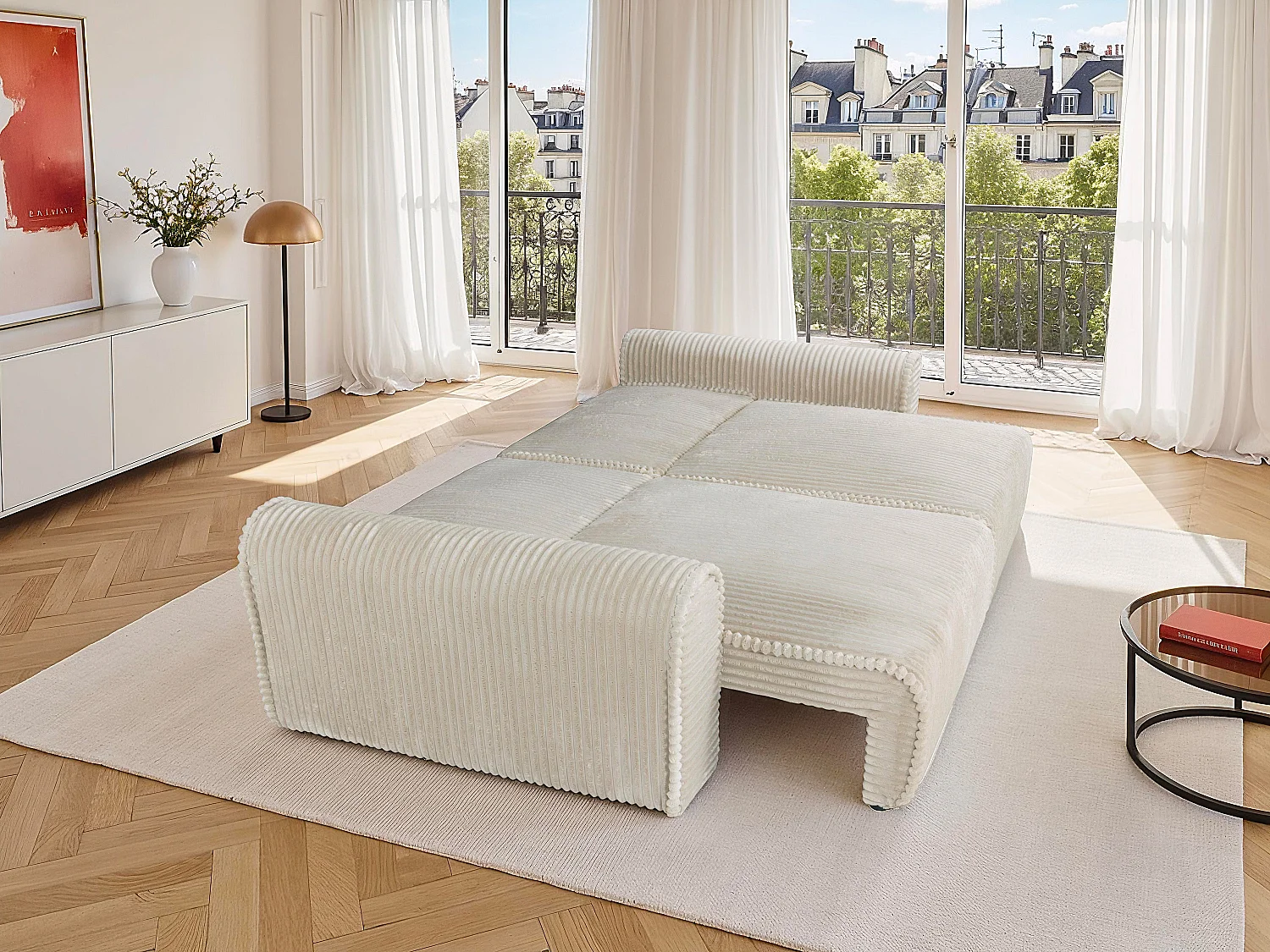 Canapé 4 places convertible confort assise profonde en velours côtelé grosses côtes beige TELARO