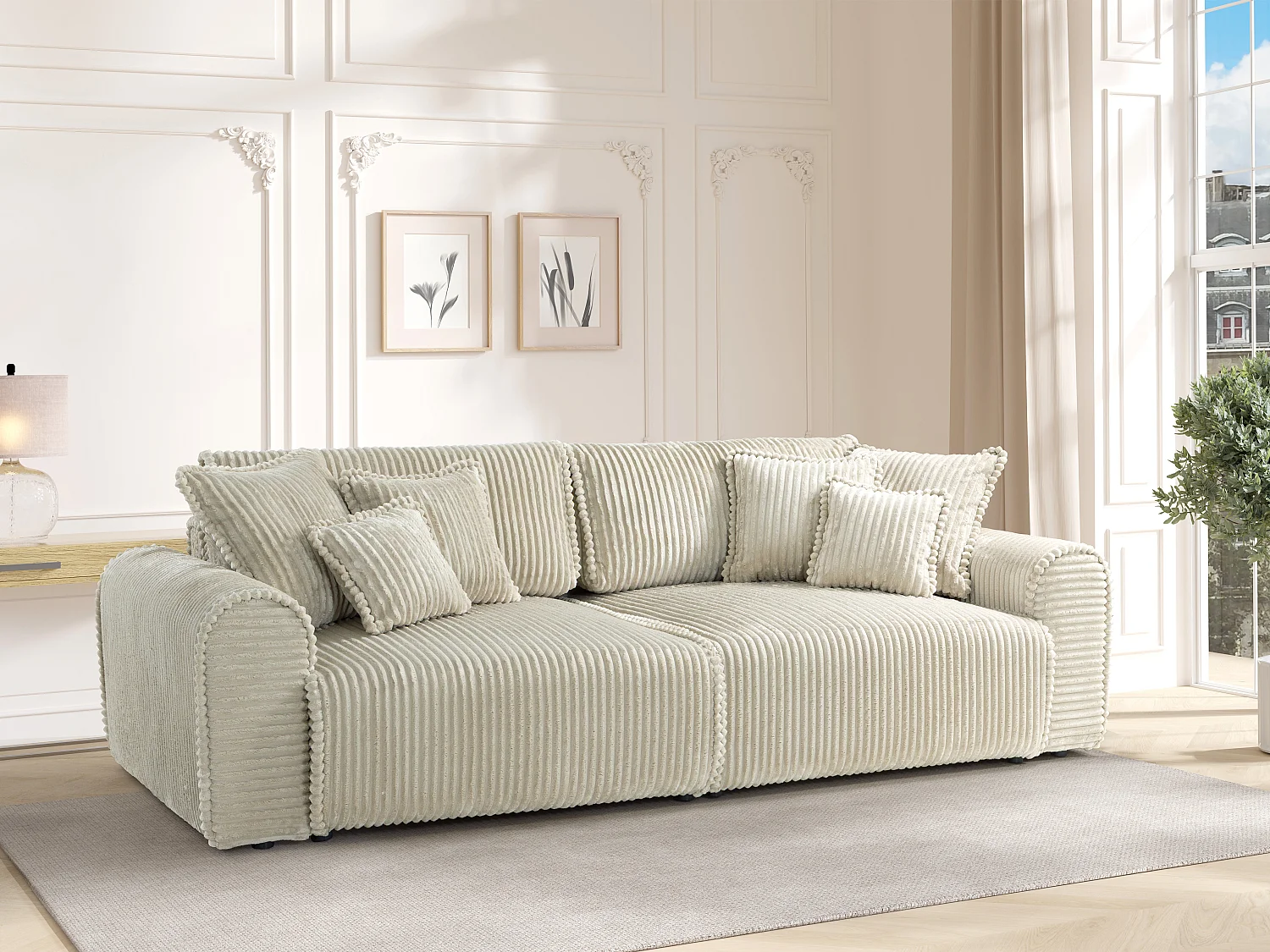 4-seters sovesofa med dyp sittekomfort i beige kordfløyel med brede riller TELARO