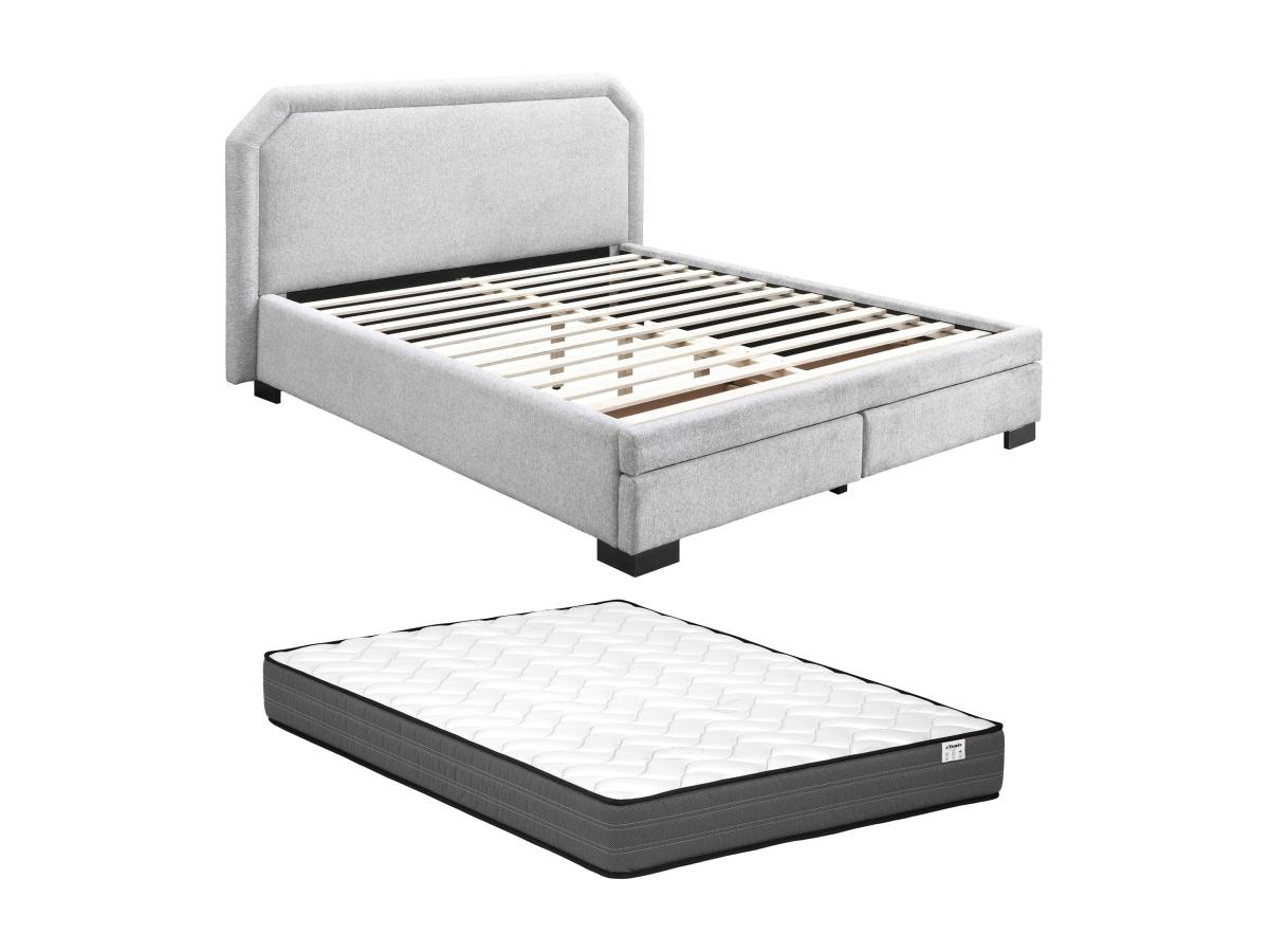 Bett mit Schubladen + Matratze - 160 x 200 cm - Stoff - Hellgrau - INASTO günstig online kaufen