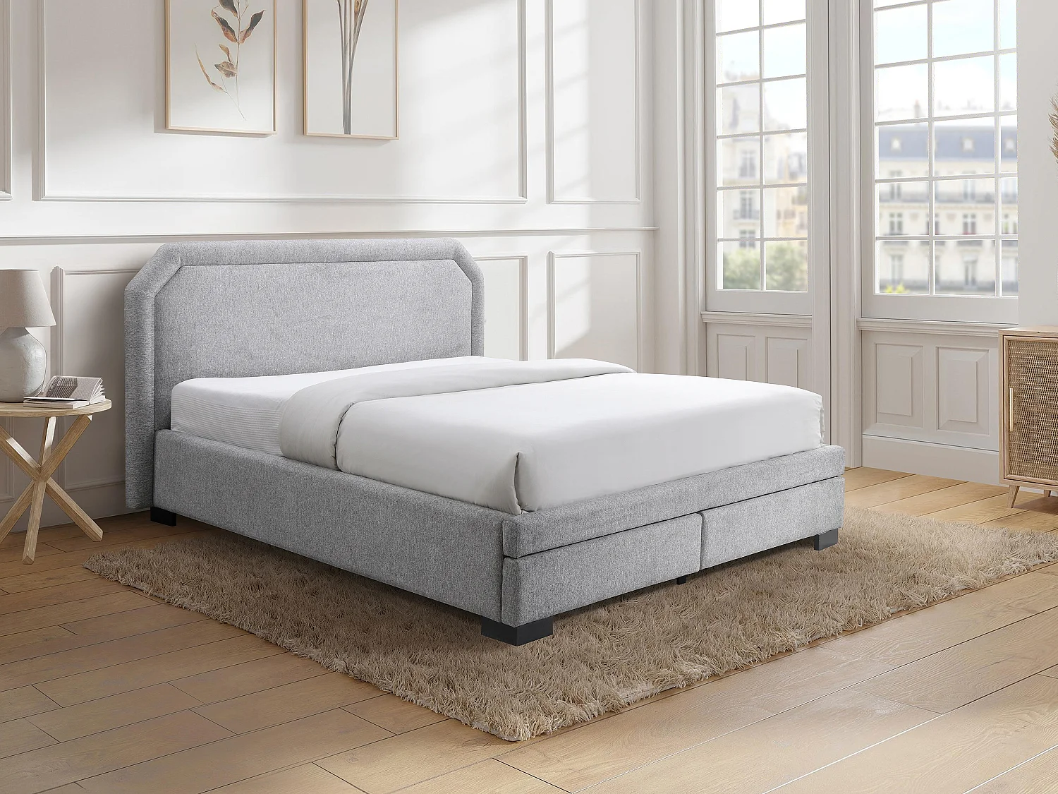 Lit avec tiroirs 160 x 200 cm - Tissu - Gris clair + Matelas - INASTO