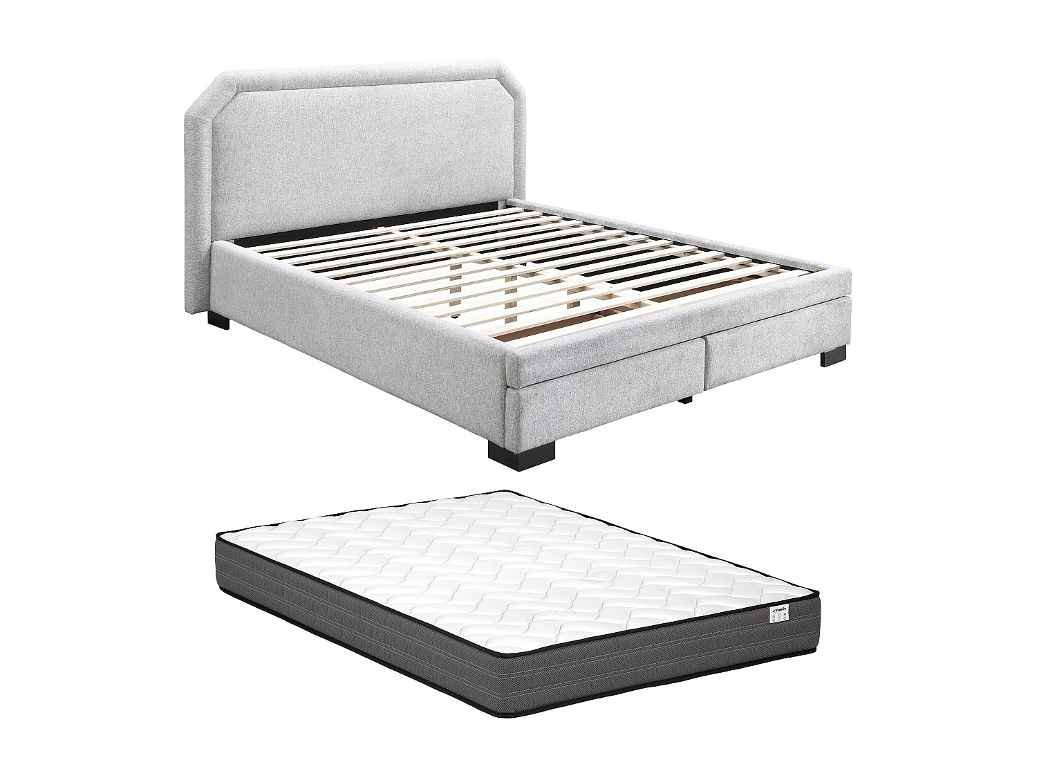 Bett mit Schubladen + Matratze - 160 x 200 cm - Stoff - Hellgrau - INASTO günstig online kaufen