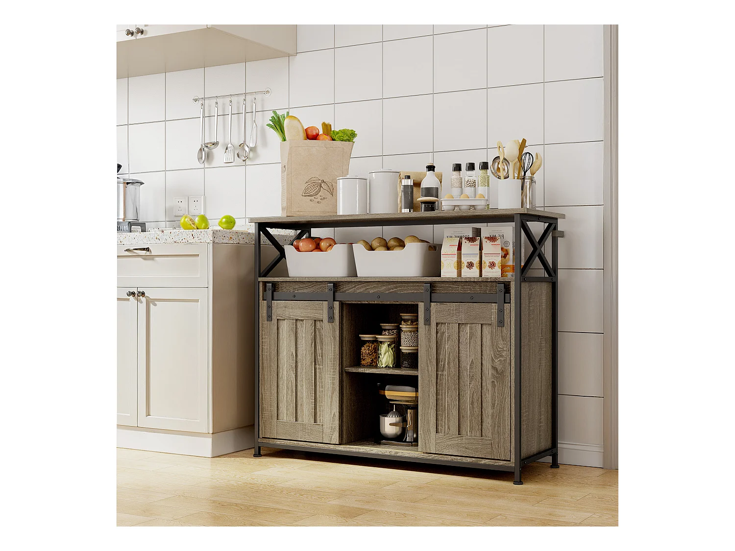 Buffet de Rangement BEALIFE AP56 - 2 Portes Coulissantes - Étagères Réglables - 100 x 33 x 80 cm - Gris - Pour Salon & Cuisine