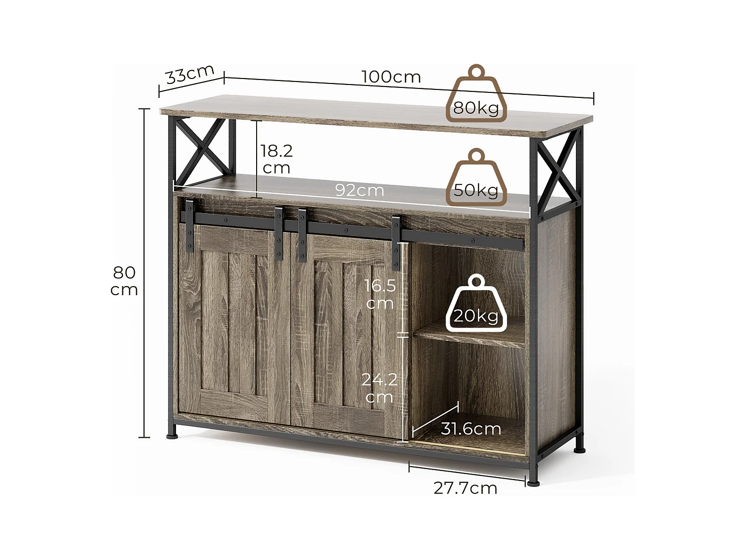Buffet de Rangement BEALIFE AP56 - 2 Portes Coulissantes - Étagères Réglables - 100 x 33 x 80 cm - Gris - Pour Salon & Cuisine