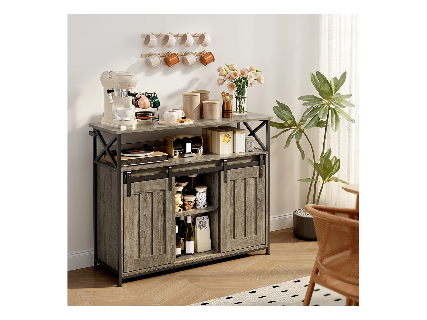 Buffet de Rangement BEALIFE AP56 - 2 Portes Coulissantes - Étagères Réglables - 100 x 33 x 80 cm - Gris - Pour Salon & Cuisine