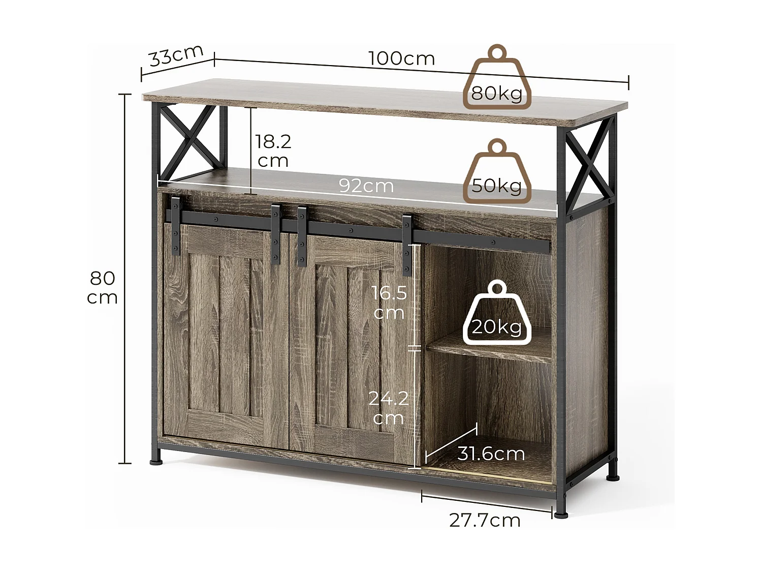 Buffet de Rangement BEALIFE AP56 - 2 Portes Coulissantes - Étagères Réglables - 100 x 33 x 80 cm - Gris - Pour Salon & Cuisine
