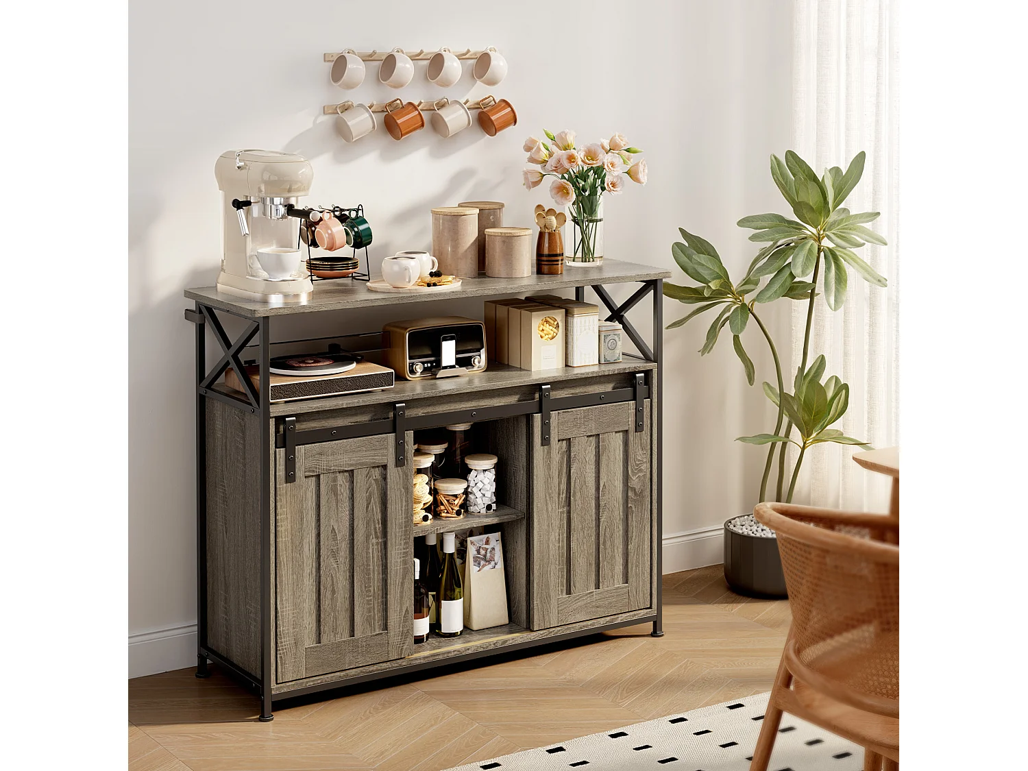 Buffet de Rangement BEALIFE AP56 - 2 Portes Coulissantes - Étagères Réglables - 100 x 33 x 80 cm - Gris - Pour Salon & Cuisine