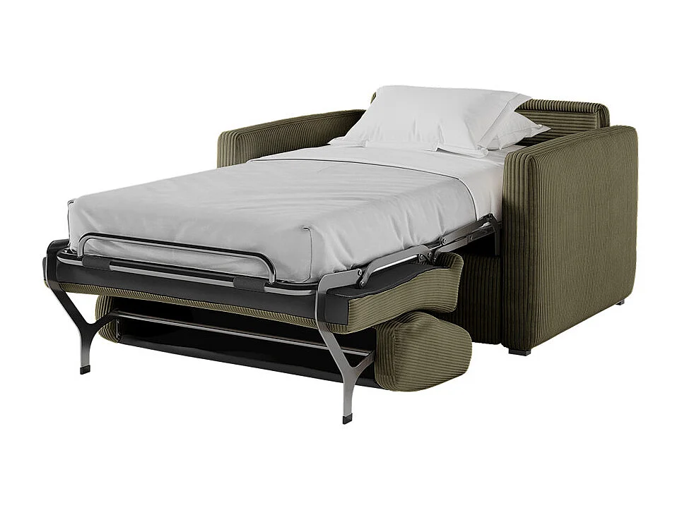 Fauteuil AGATHE convertible express couchage quotidien 70x190cm en velours côtelé vert kaki - Matelas 13cm