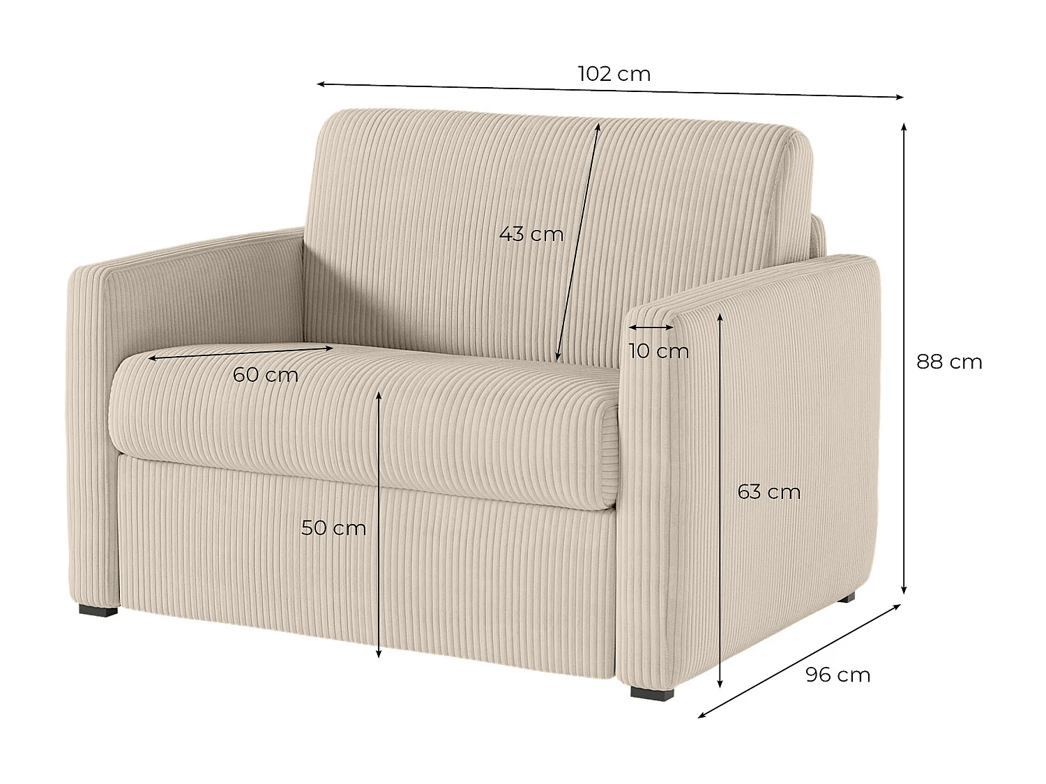 Fauteuil AGATHE convertible express couchage quotidien 70x190cm en velours côtelé vert kaki - Matelas 13cm