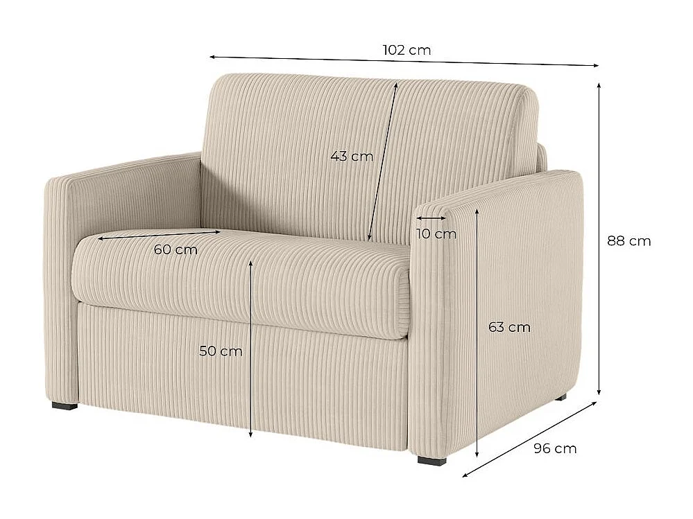 Fauteuil AGATHE convertible express couchage quotidien 70x190cm en velours côtelé vert kaki - Matelas 13cm