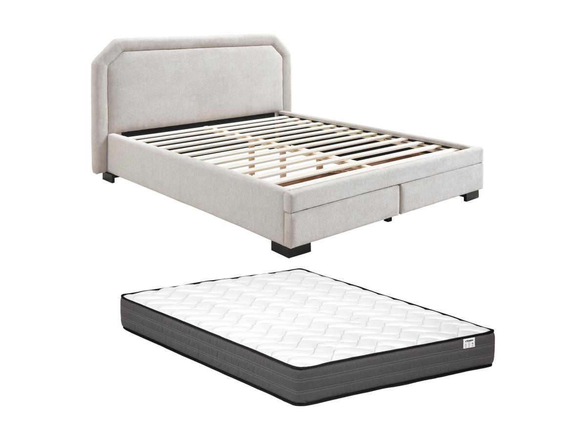 Bett mit Schubladen + Matratze - 160 x 200 cm - Stoff - Beige - INASTO günstig online kaufen