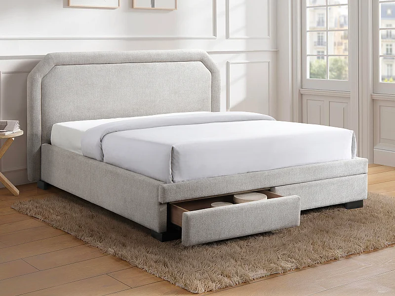 Lit avec tiroirs 160 x 200 cm - Tissu - Beige + Matelas - INASTO