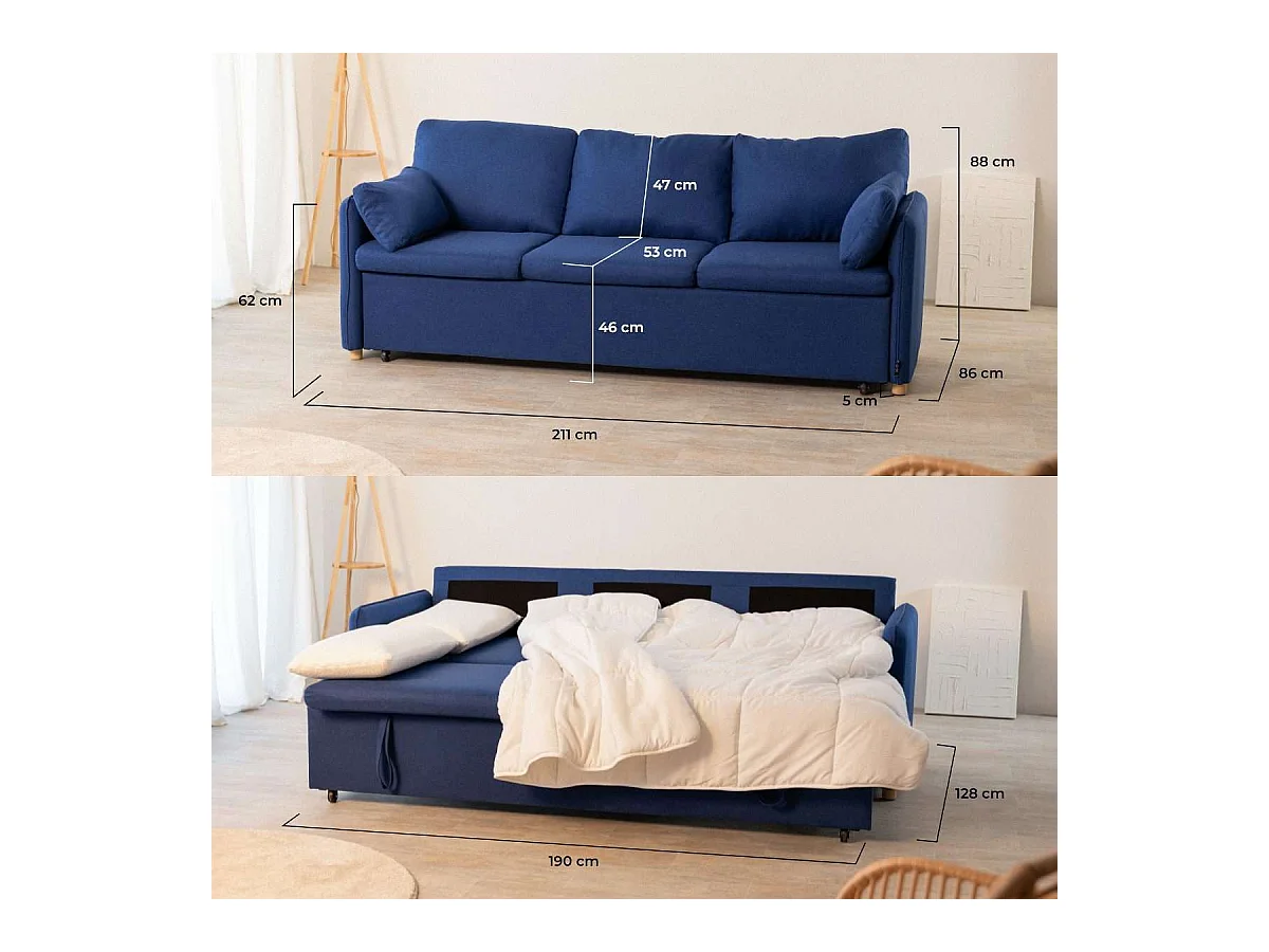 Sofá Cama  Nest 3 Azul Marino - Nalui