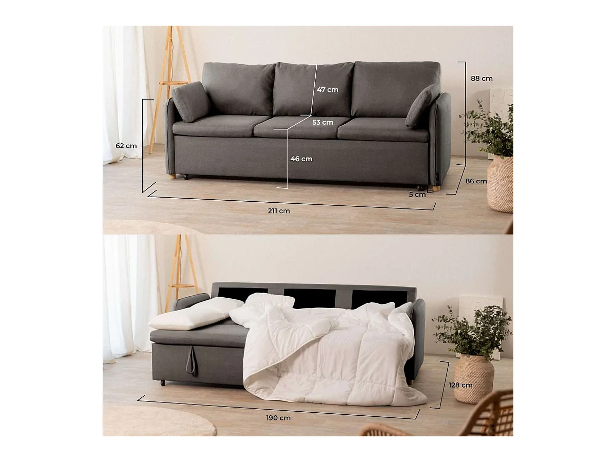 Sofá Cama  Nest 3 Gris Antracita - Nalui