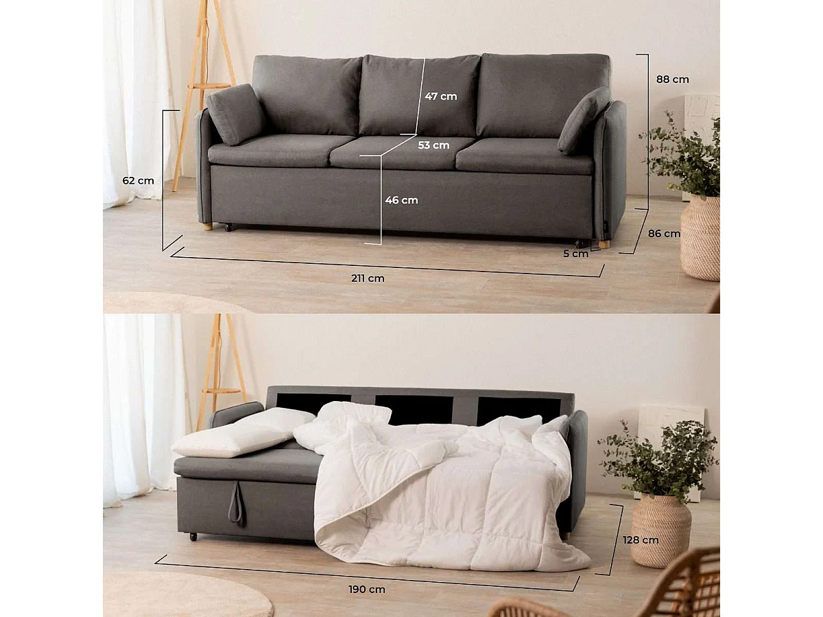 Sofá Cama  Nest 3 Gris Antracita - Nalui