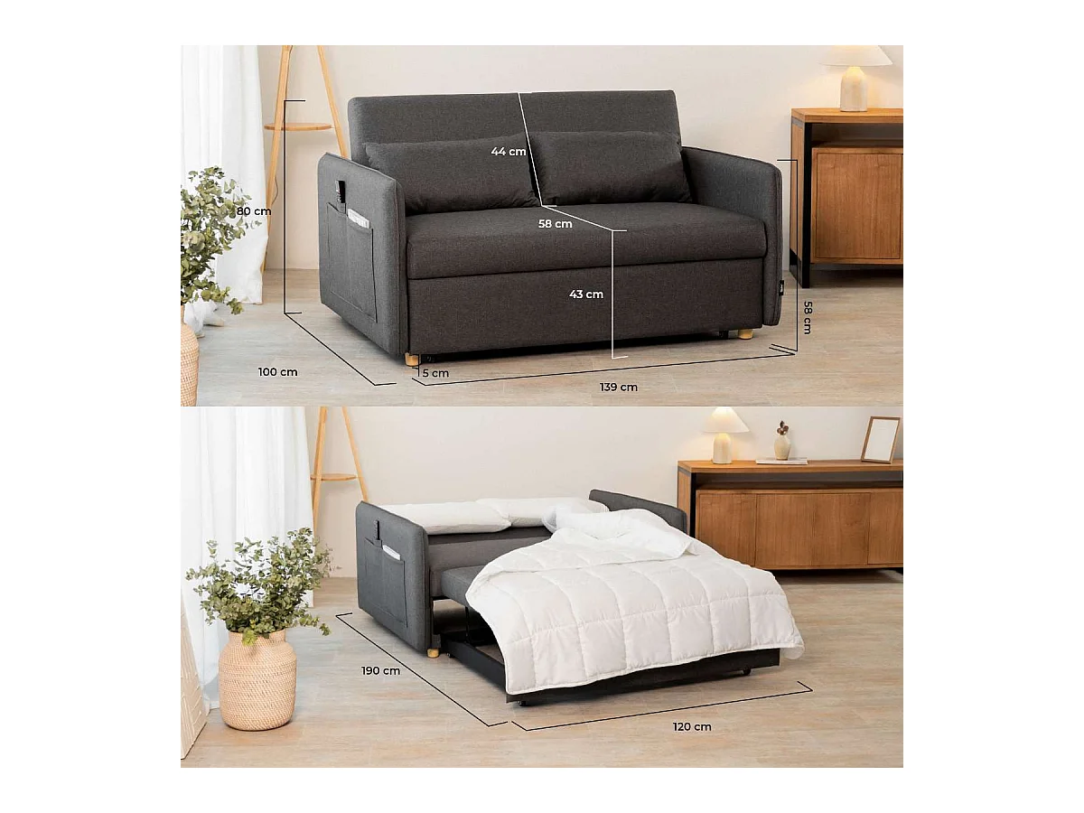 Sofá Cama  Nest 2 Gris Antracita - Nalui