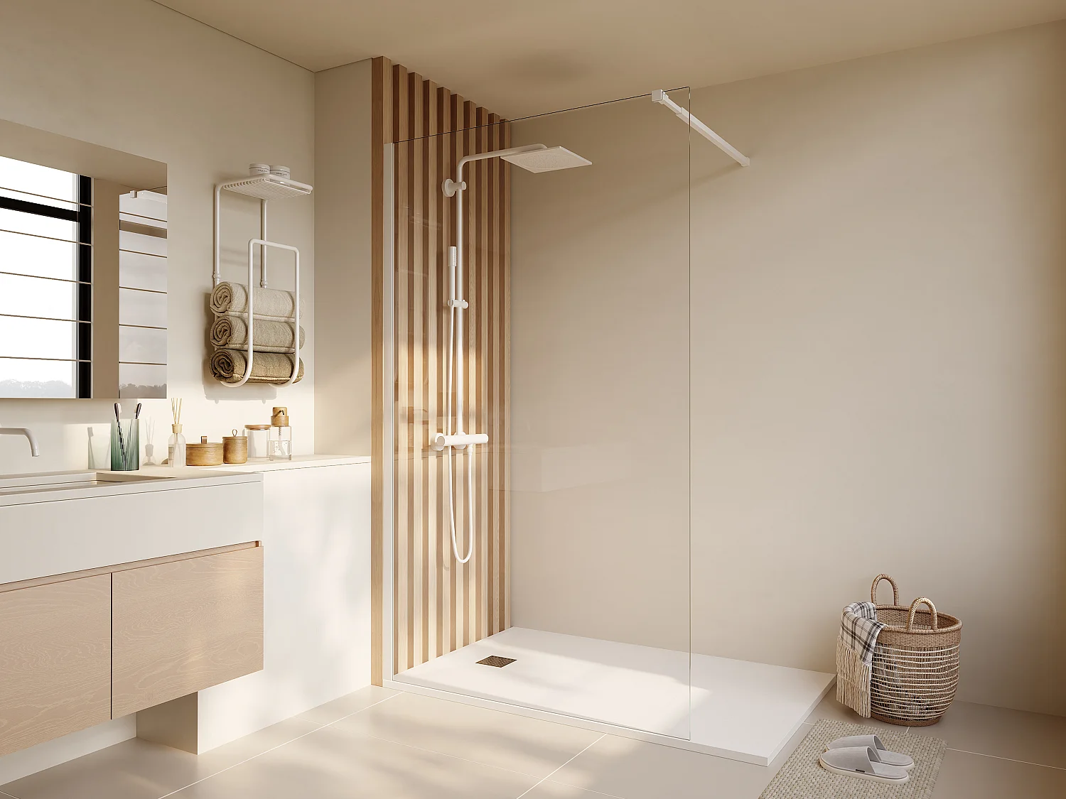 Paroi de douche à l'italienne - Blanc mat - Verre 6 mm - 140x200 cm - DAREN