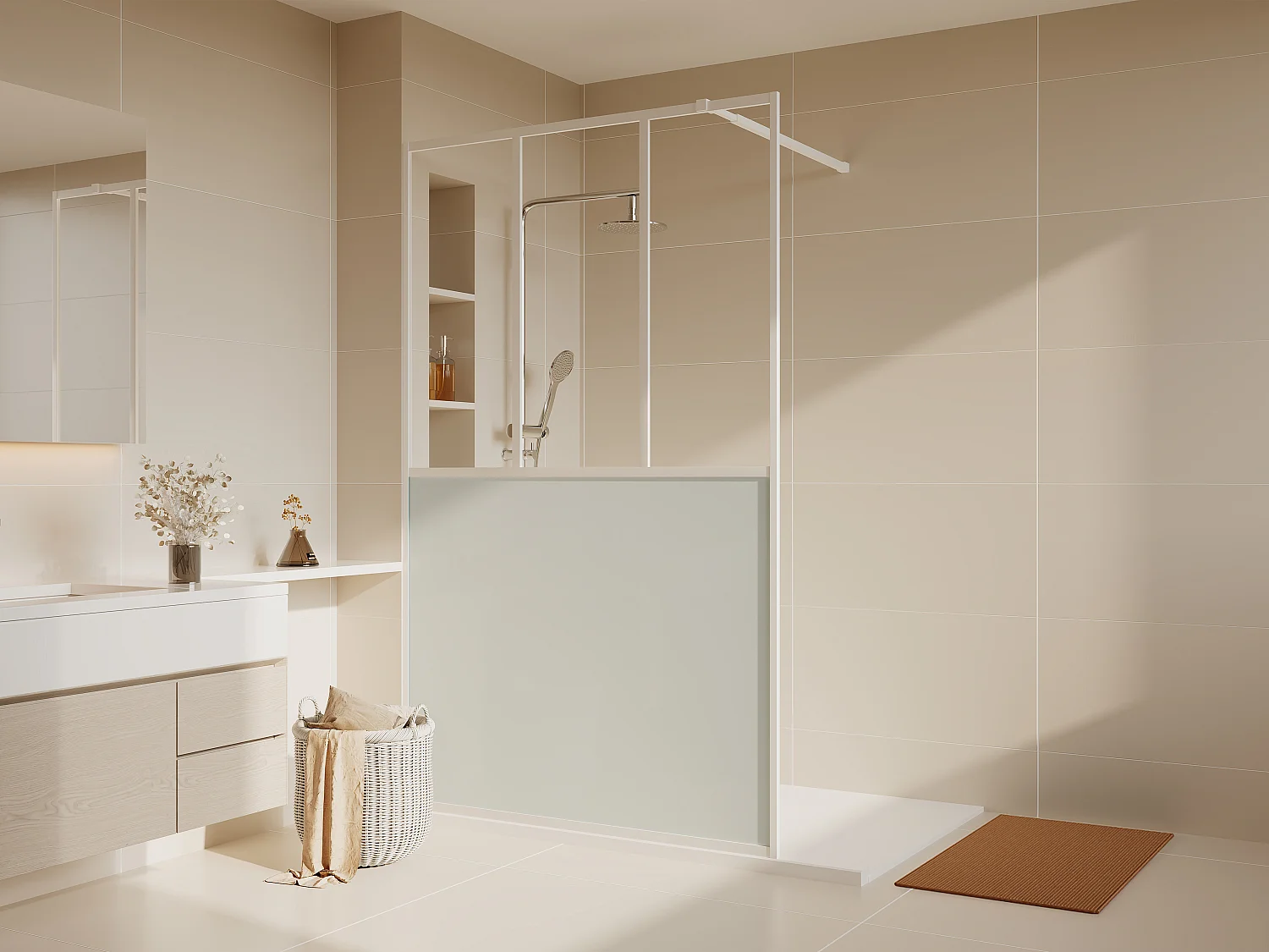 Paroi de douche à l'italienne style atelier - Blanc mat - 140 x 200 cm - URBANIK