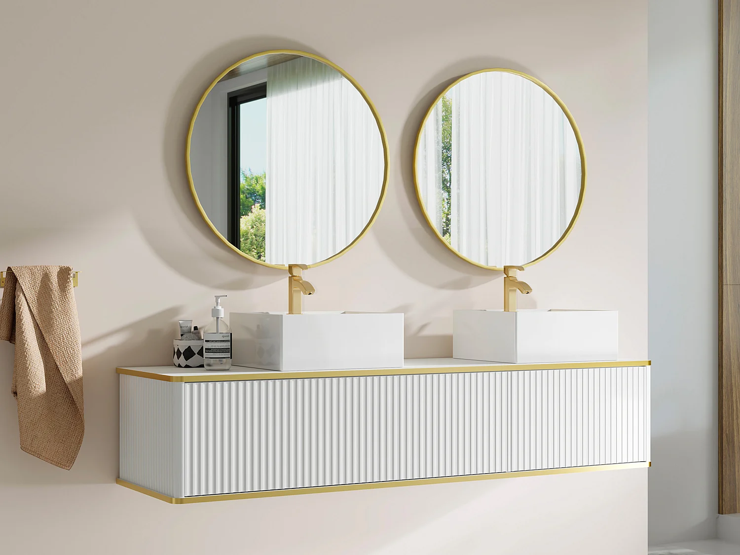 Meuble sous vasque suspendu strié liseré doré 2 tiroirs - Blanc - 150 cm - KELIZA