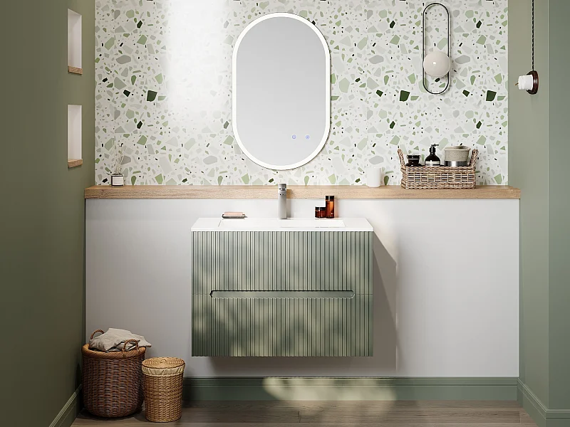 Meuble sous vasque suspendu strié vert - 80 cm - PAVANI