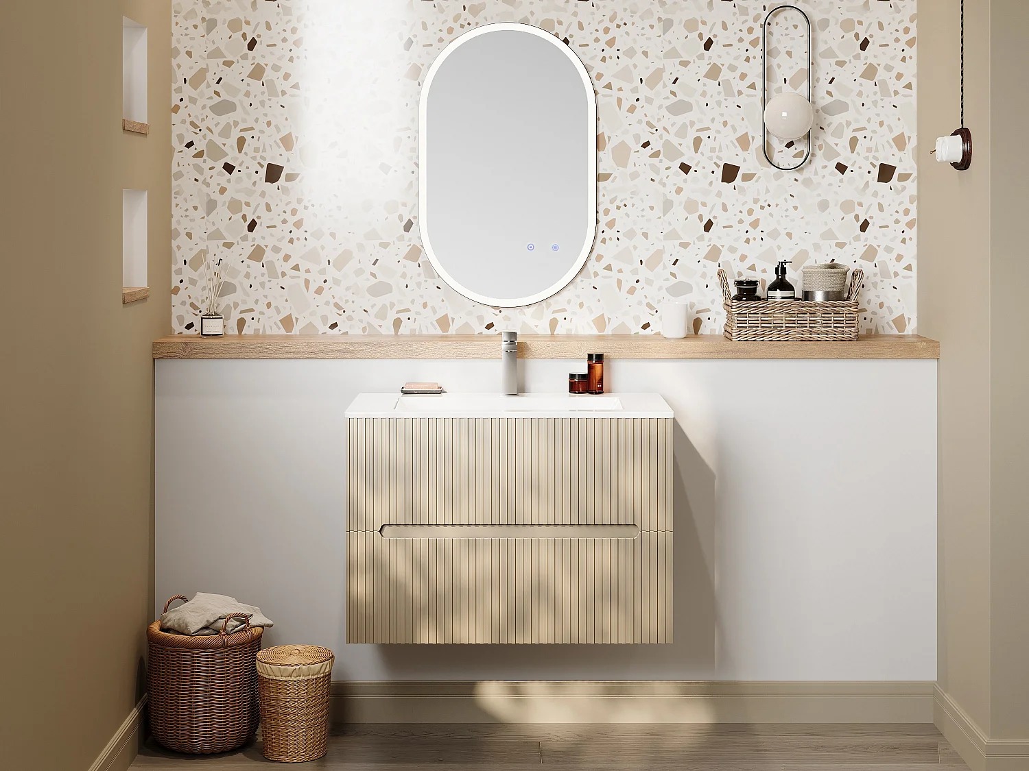 Meuble sous vasque suspendu strié beige - 80 cm - PAVANI